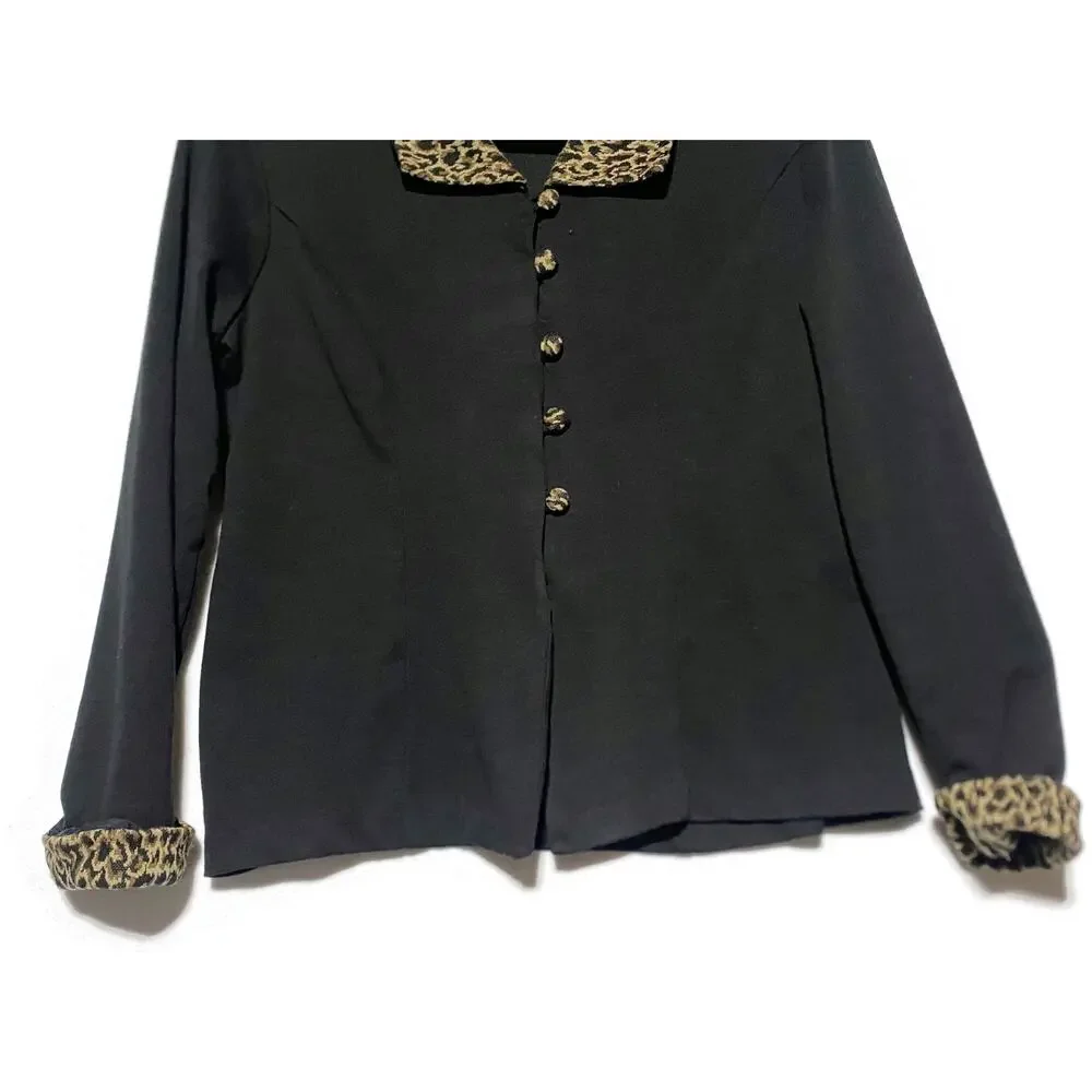 Especially Yours Women's Black Jacket Size 12 Leopard Print Collar Cuffs Button